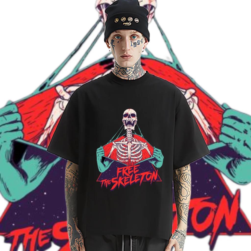 Horror Totenkopf Rundhals Tops Kurzarm Lockere Kleidung Retro Rapper T-Shirt Grafikdruck Baumwoll-T-Shirt Lässige Herren-Tees DIY