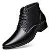 Men's Winter Pointed Toe Leather Chelsea Boots with Velvet, Lace-up Roman Style, High Heel Martin Design