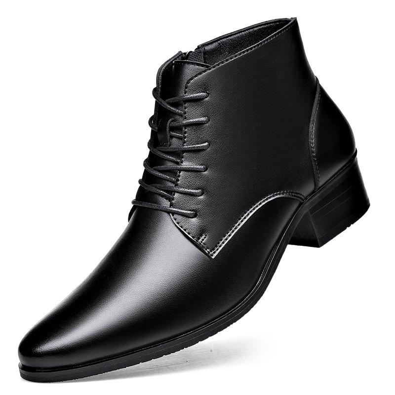 Men's Winter Pointed Toe Leather Chelsea Boots with Velvet, Lace-up Roman Style, High Heel Martin Design