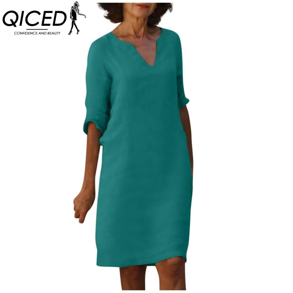 QICED Women Summer Solid Color Cotton Linen Retro V-Neck Short Sleeve Dress Lightweight Breathable Dress