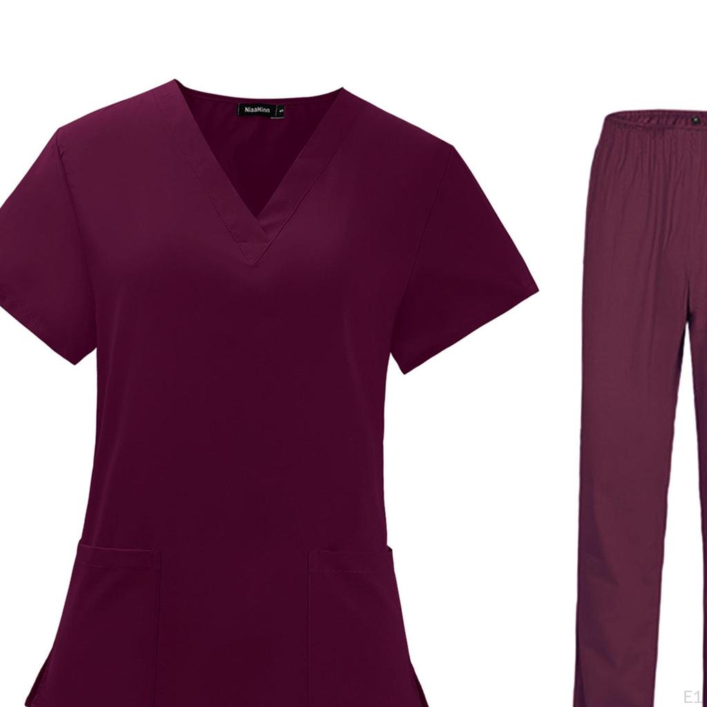Female Nurse Scrubs Uniform Set Red Nursing Workwear V Neck Top for Groomer Worker