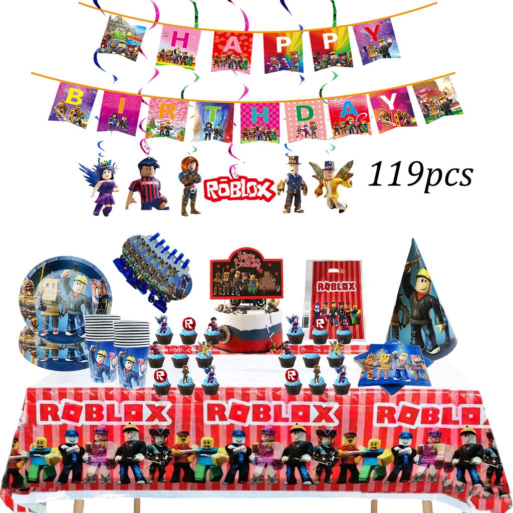 Roblox Birth Date Celebration Decorations Supplie Party Celebration Disposable banner pennant Tablecloth Cup Board paper Infant Shower collection