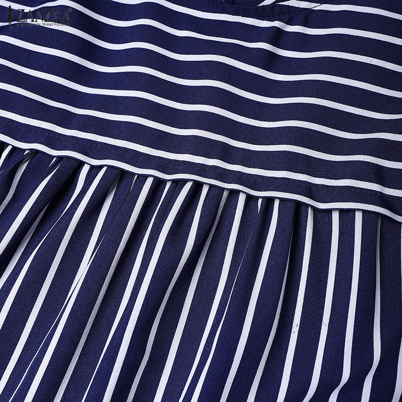 ZANZEA Women Casual Stand Collar Loose Nine Quarter Sleeve Retro Stripe Long Dress