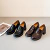 British Style Black Chunky Heel Loafers – Cowhide, Versatile, High Heel College Flats