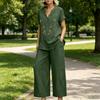 Dames Losvallend Linnen Tweedelig Set Geborduurd Top met Korte Mouwen en Wijde Pijpen Broek Casual Outfit voor Dagelijks Gebruik