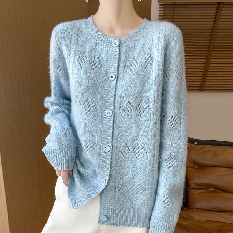 Round-neck Knitted Cardigan for Autumn and Winter, New Style with Twisted and Perforated Loose Thickened Coat