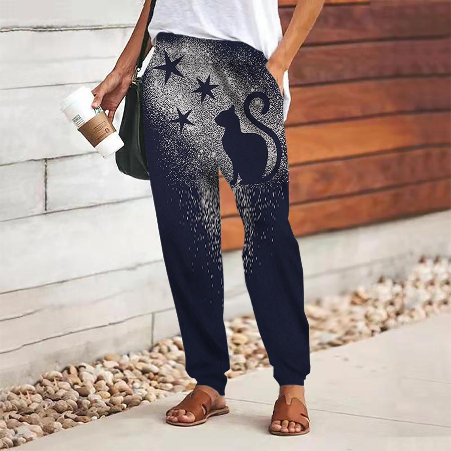 Women Cat Printing Pants Lace Up Elastic Waist Loose  Trousers Casual Long Pants Trousers with Pockets