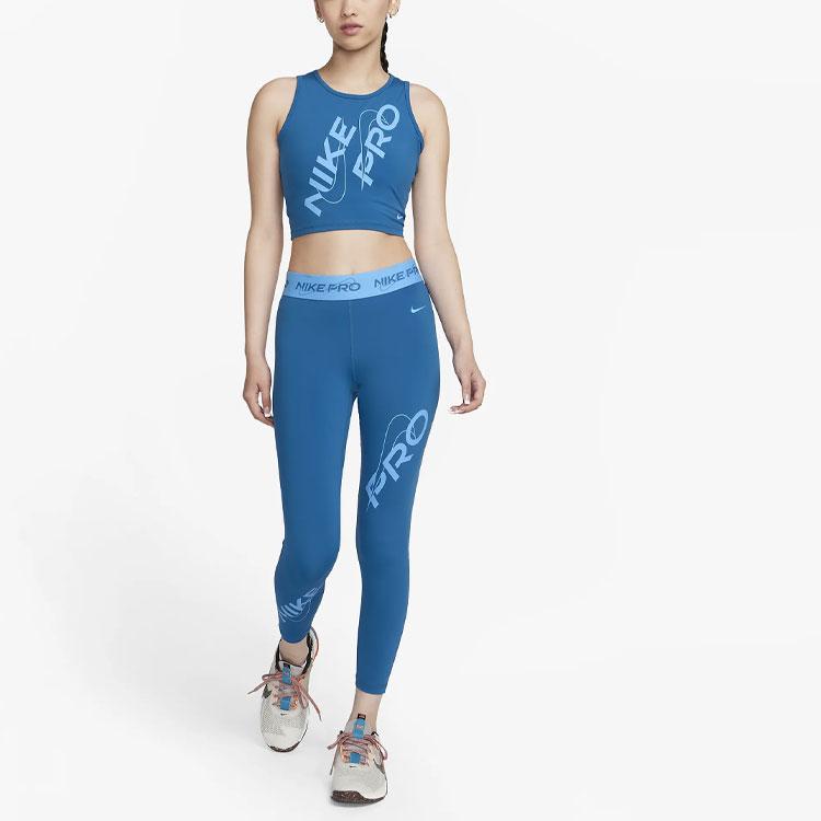 Nike Pro Logo Print High-Waisted Slim Fit Sports Leggings Women Leggings Industrial-Blue FB5488-457