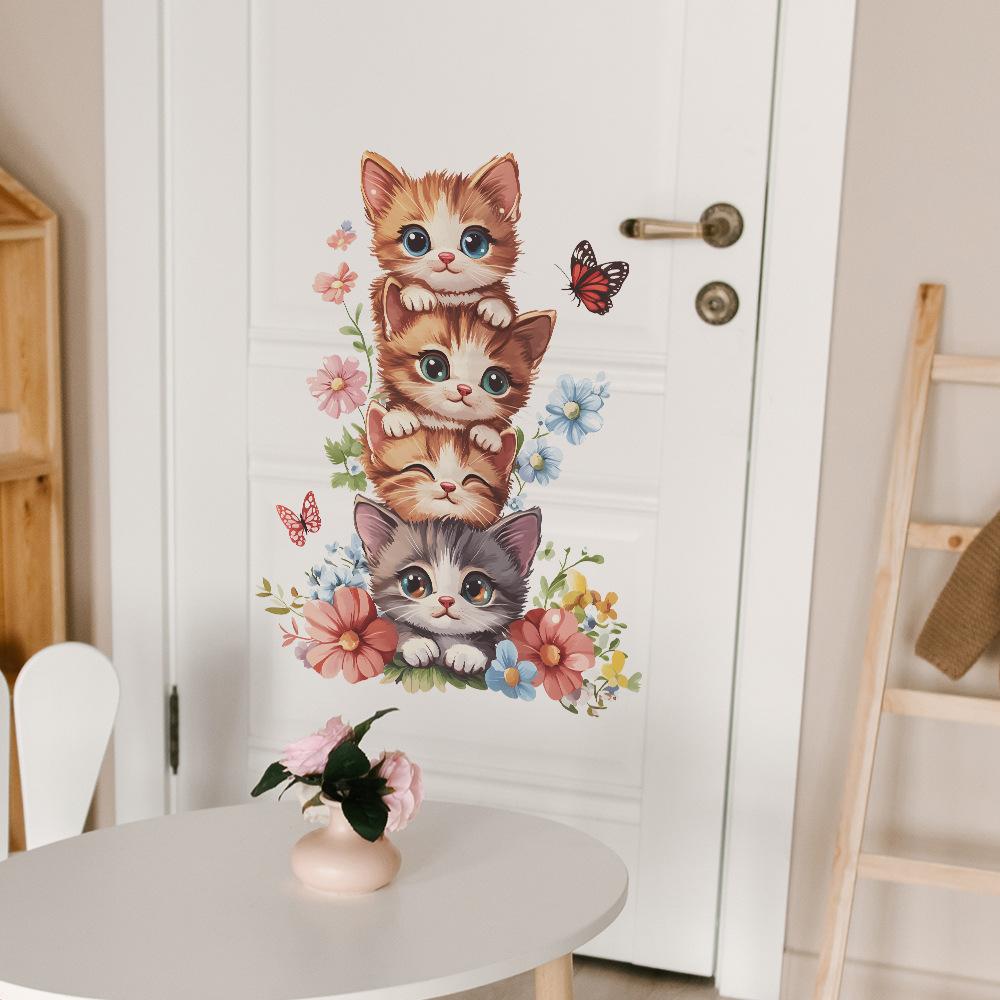 Kitten Human Pyramid Butterfly Flowers Bedroom Living Room Entrance Hall Home Background Beautification Wall Stickers