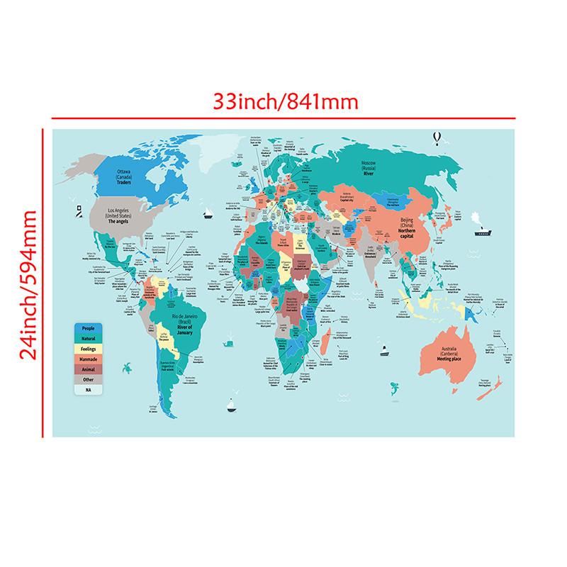 Literal Translation World Map Poster, Educational Meaning of Names Wall Art for Office Home Decor, Creative Geography Canvas Print Gift