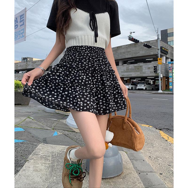 Women's French Floral A-line Cake Skirt - Summer Korean Style, High Waist, Slimming, Elastic Waist, Petite Half Skirt