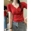 No Price Reduction #front Shoulder Button V-neck Short-sleeved T-shirt Women's Fungus Edge Design Slim-fit Top