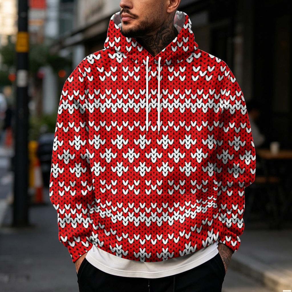 Men's Casual Loose Fit Hooded Sweatshirt with Christmas Print and Large Pockets