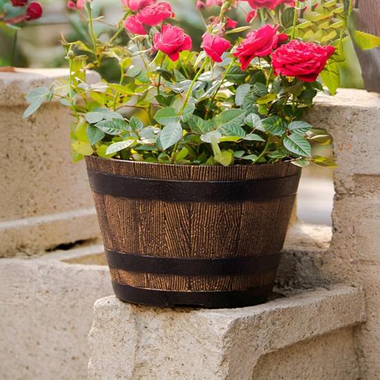 Yousheng Rustic Barrel-Style Round Planter, Wood-Inspired Finish Resin Planter with Built-In Drainage System, for Outdoor Patio And Garden