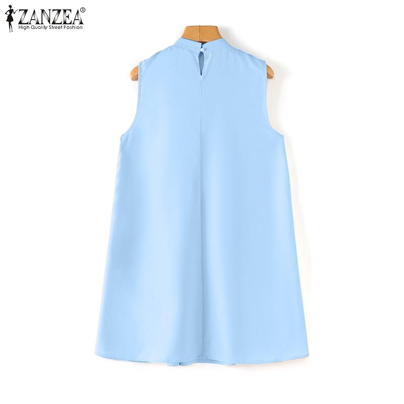 ZANZEA Women Casual Stand Collar Summer Loose Sleeveless Tank Dress