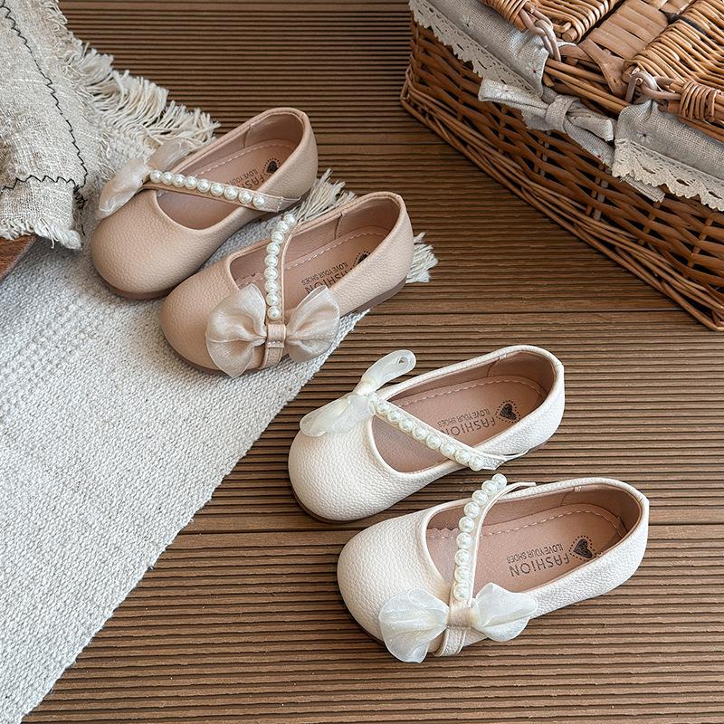 Frühling/Herbst 2026 Mädchen Quadratische Zehenpartie Perlen Schleife Prinzessin Schuhe - Weiche Sohle Rutschfeste Loafer