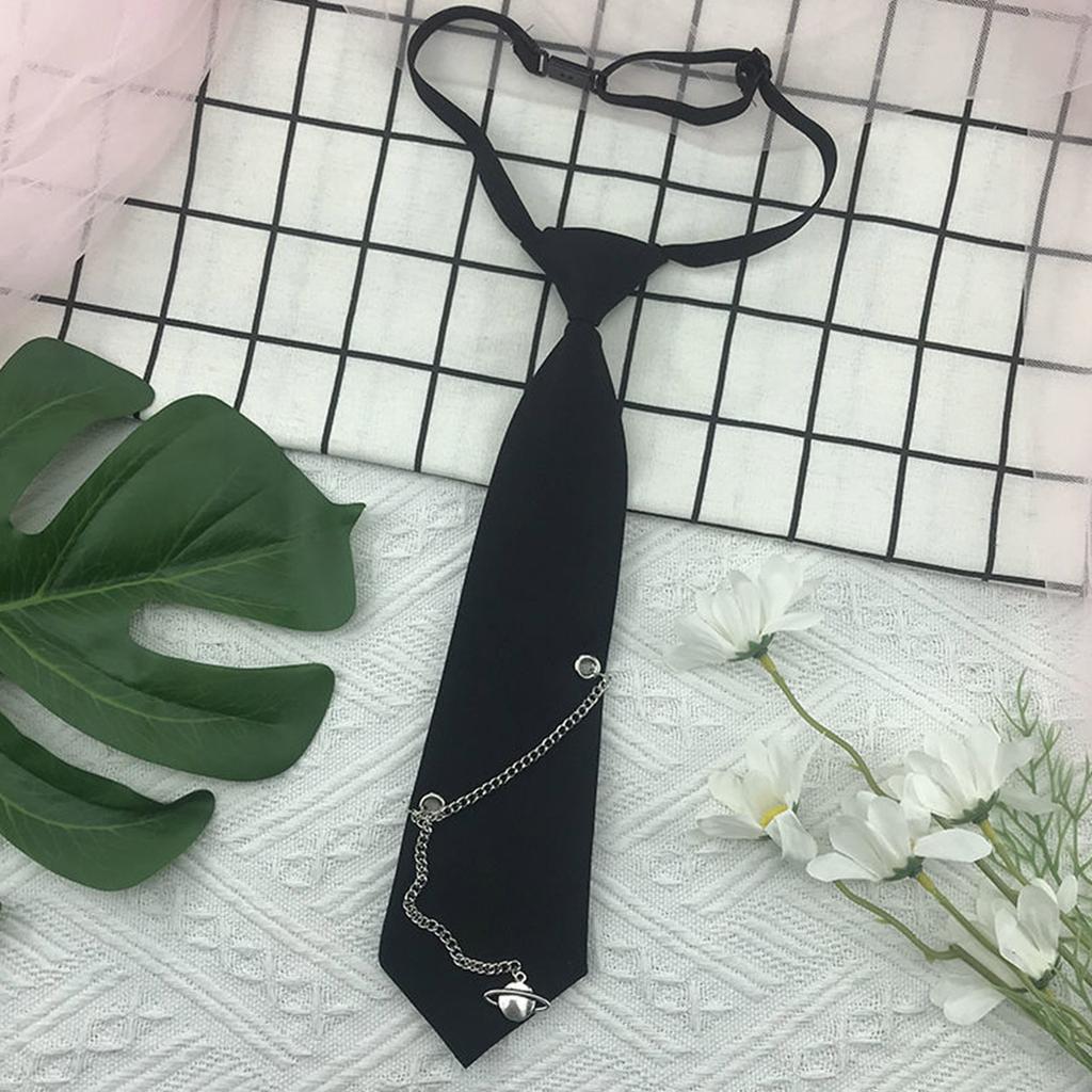 Japanese Gothic Black Neck Tie with Metal Chain Tassel School Student Pre-Tied Adjustable Necktie for Uniforms