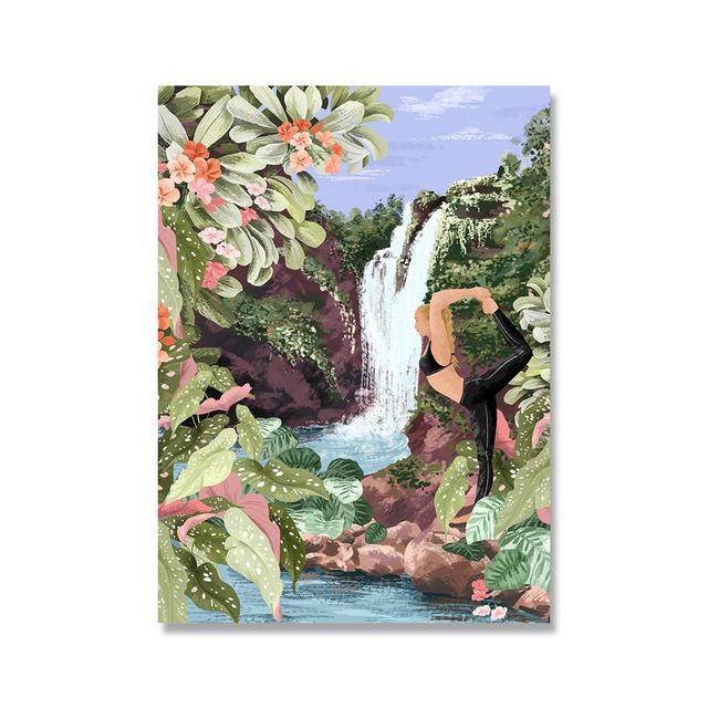 Poster Ragazza Yoga Tela Stampata Arte Murale Illustrazioni Piante Tropicali Disegni Immagini