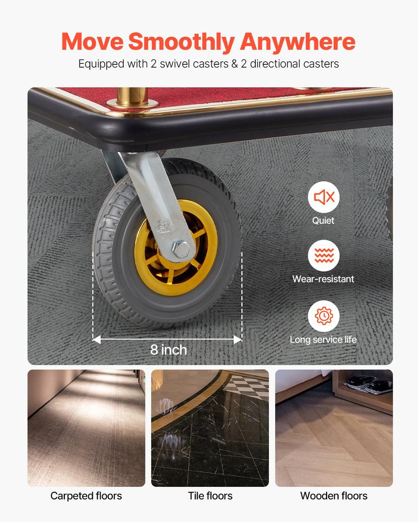 VEVOR Hotel Luggage Cart, 1500 LBS Load Capacity, Brushed Stainless Steel Bellman's Cart Curved Uprights