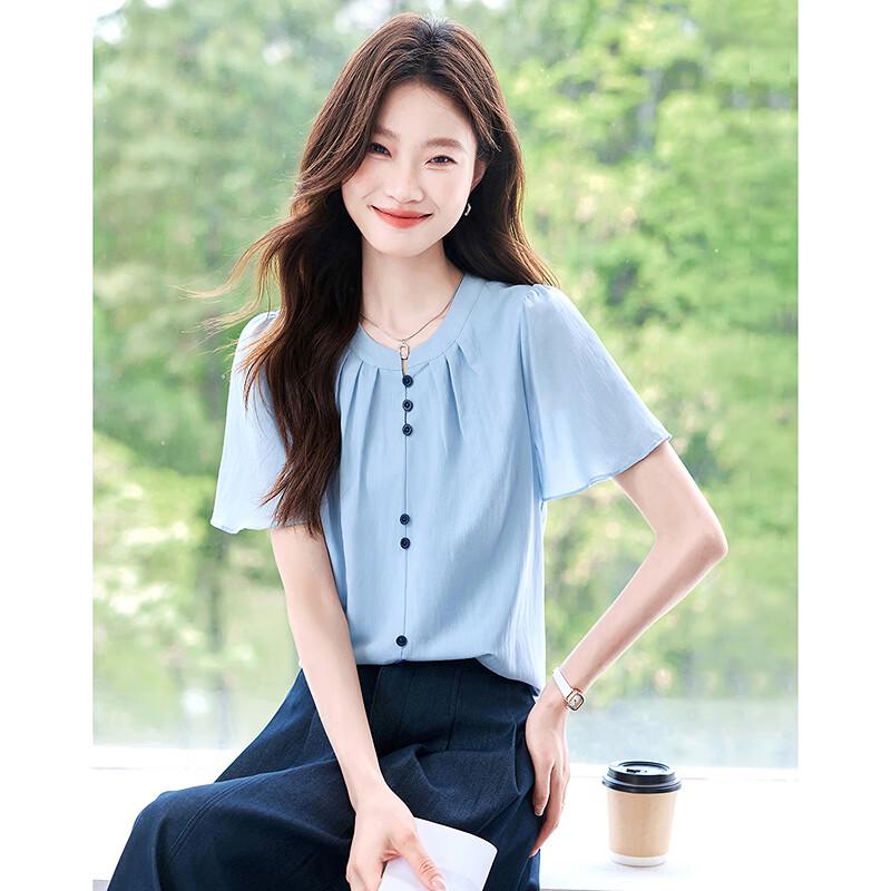 Women s 2025 Ice Silk Round Neck Flared Sleeve Top L