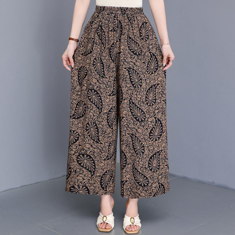 Women's Plus Size Cotton Silk Printed Wide Leg Pants, Elastic Waist Casual Summer Trousers (XL-5XL)