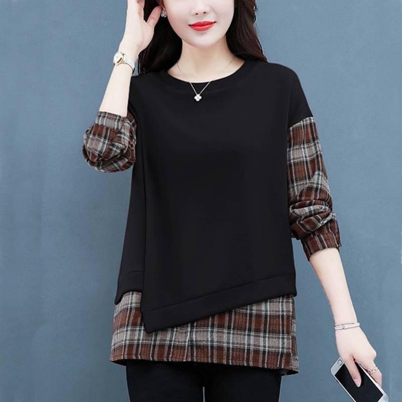 

women s Plaid Patchwork Fake Two Piece Sweatshirt Round Neck Long Sleeve Loose Casual Autumn Basic Top M чёрный