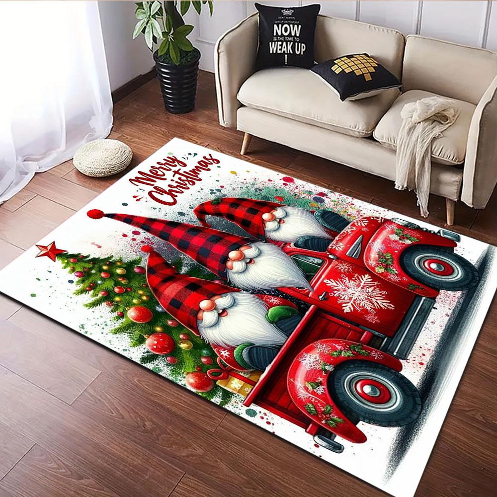 Christmas Gnomes with Red Truck and Tree Patterned carpet, suitable as a non slip play mat for the living room and bedroom sofa