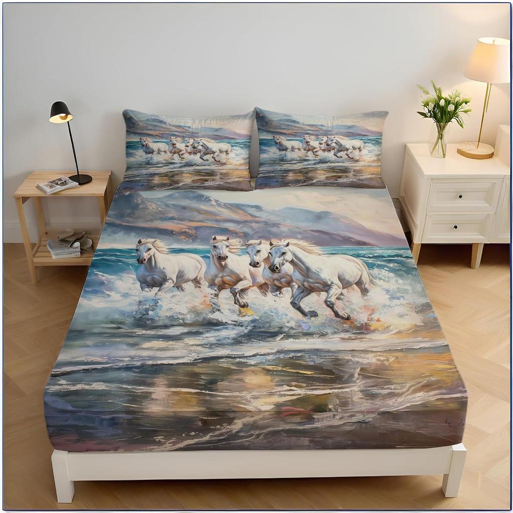 Single Fitted Sheets,Microfibre Fitted Bed Sheets Set, 30 cm Deep Pocket Fitted Sheet,Horse Print Bedsheets with Pillowcase