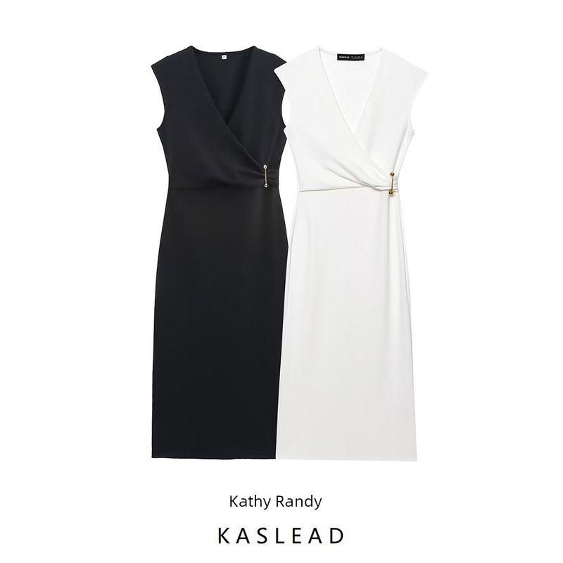 Kaslead New Women Clothes Western Style Pin Decoration V-neck Sleeveless Midi Dress 3644181 251