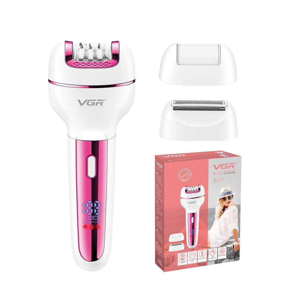 VGR V-732 3 in 1 Epilator Women Electric Shaver for Face Body Rechargeable Lady Trimmer Hair Removal Bikini Underarms Legs Deep Cleaning Epilator