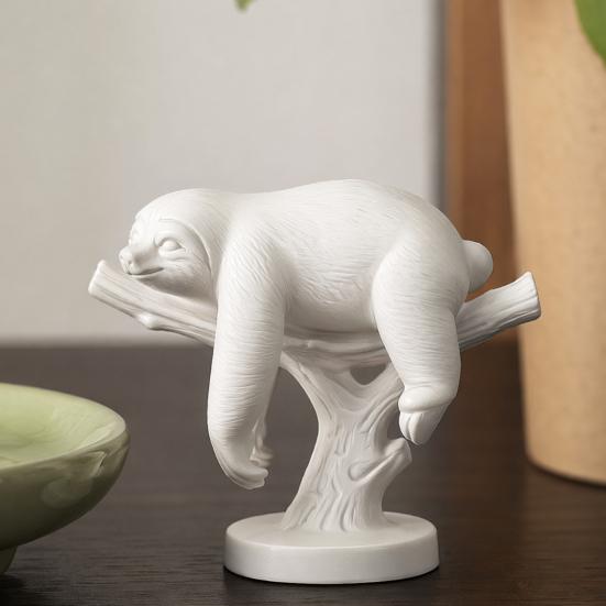 3D Printed Mini Sloth Figurines, Pure White Cute Sloth Lying on Branch with Delicate Hair Texture, Small Desktop Decoration for Home Office