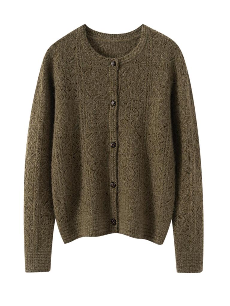 Round Neck Hollow Cashmere Cardigan - 2026 Autumn Women's Elegant Single-Breasted Versatile Warm Outerwear