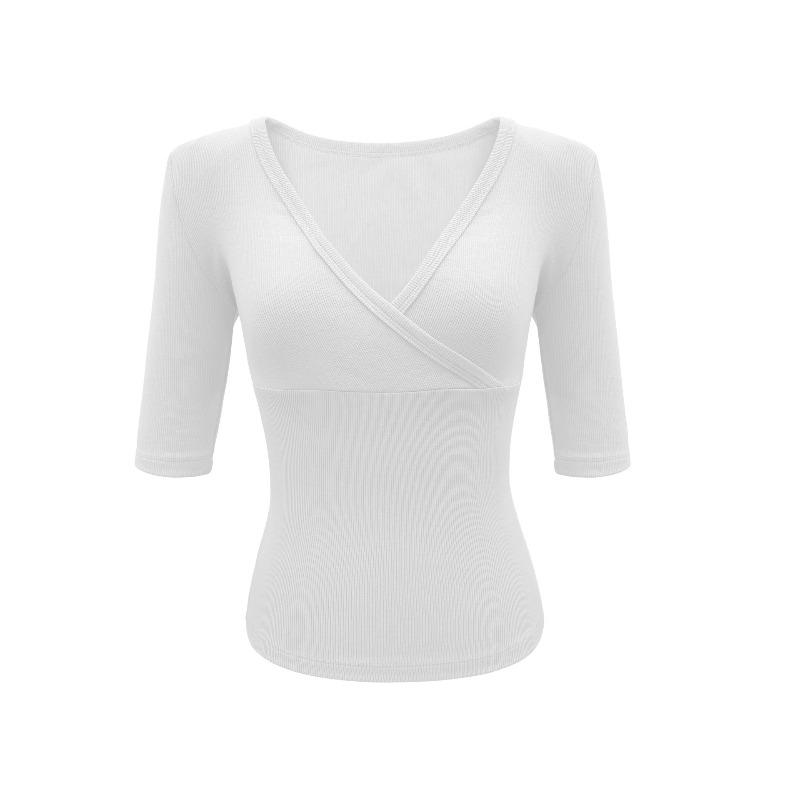 GlowGirl Elegant Pure Color Slim Fit Cross Collar Mid Sleeve T-Shirt Women's Summer Fashion Casual Cotton Blend V-neck Top
