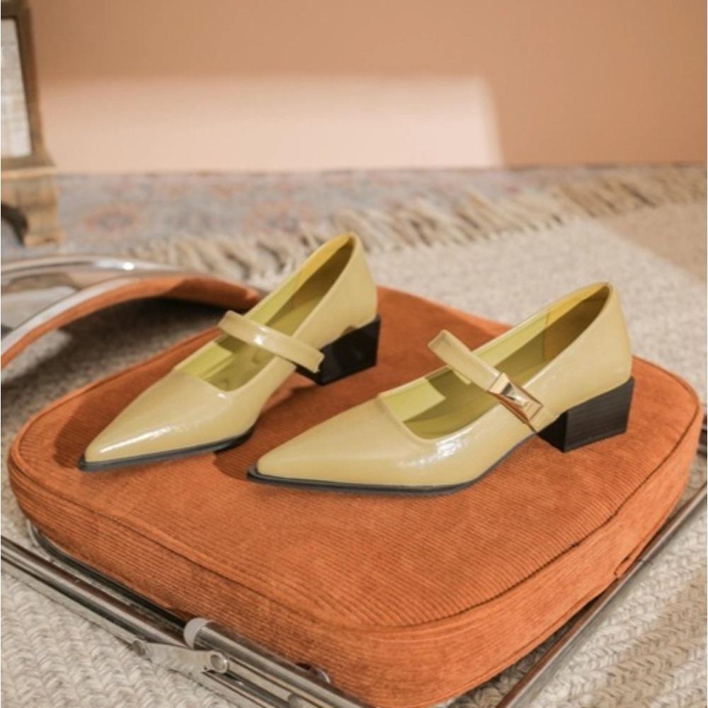 Sharp Pointed Pumps Women's Spring Autumn Thick Heeled Leather Shoes with A Mid Heel Shallow Mouth Versatile Short Pumps Women