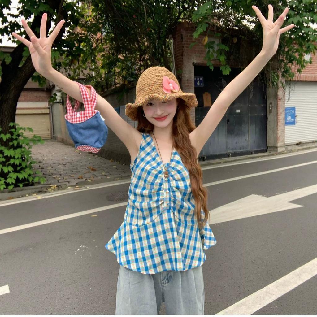 Cotton and linen neck sling vest women's summer Thai dopamine bright and unique outer wear beautiful seaside sleeveless top