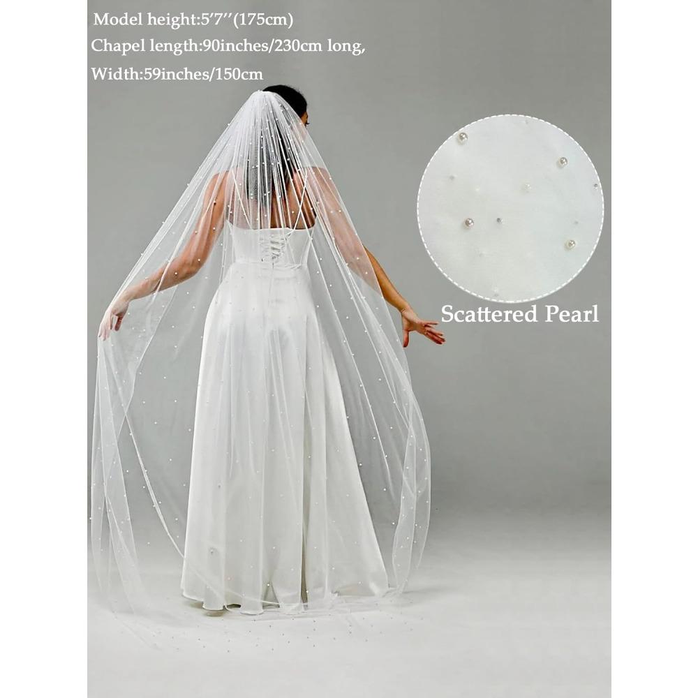 Elegant Pearl Beaded Bridal Cathedral Veil, Long Train Tulle Shawl Wrap Wedding Accessories for Bride Length 230cm