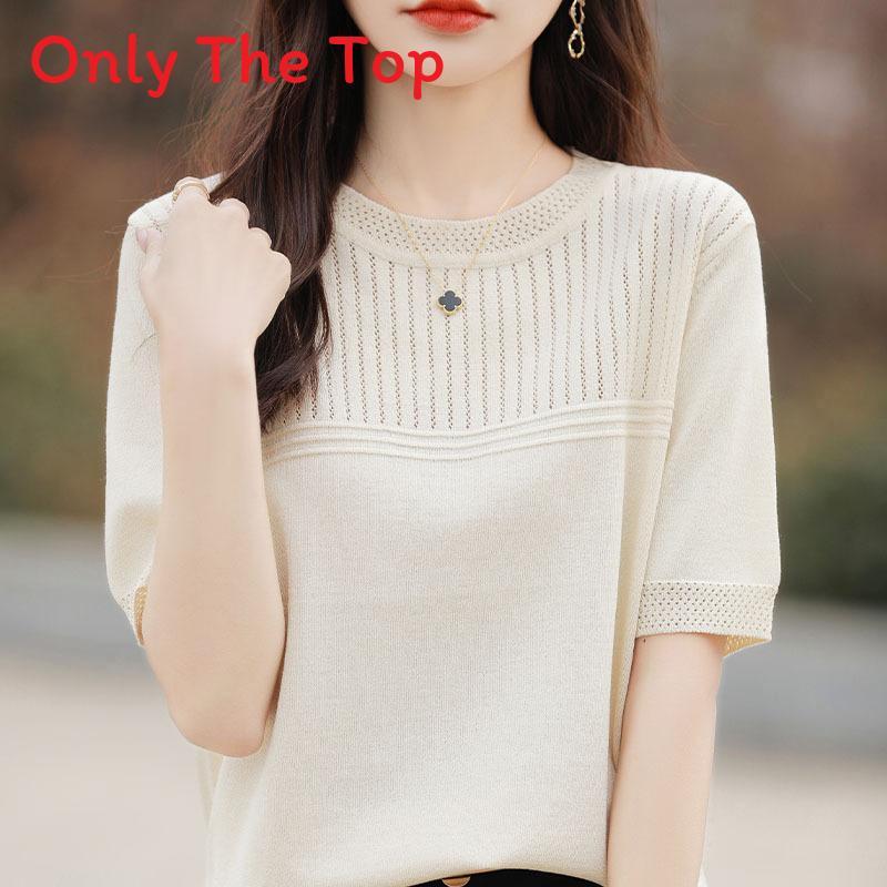 Ice Silk Short Sleeve T Shirt With Knitted Hollow Design For Summer Casual Women