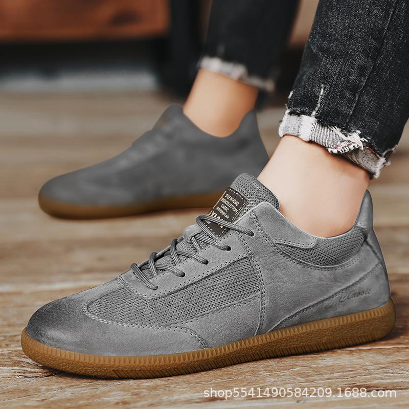 Men's Pigskin Mesh Surface Work Shoes Rubber Soft Sole Lace Up Casuals Platform Solid Color Board Shoes Non-slip Durable Casuals