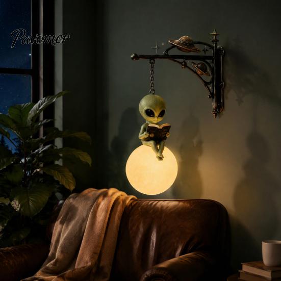 Alien Moon Statue Reading on Hanging Lamp, Resin Bookshelf Light, Astronomy Theme Decor Warm LED Night Light for Patio Garden Window Indoor Outdoor