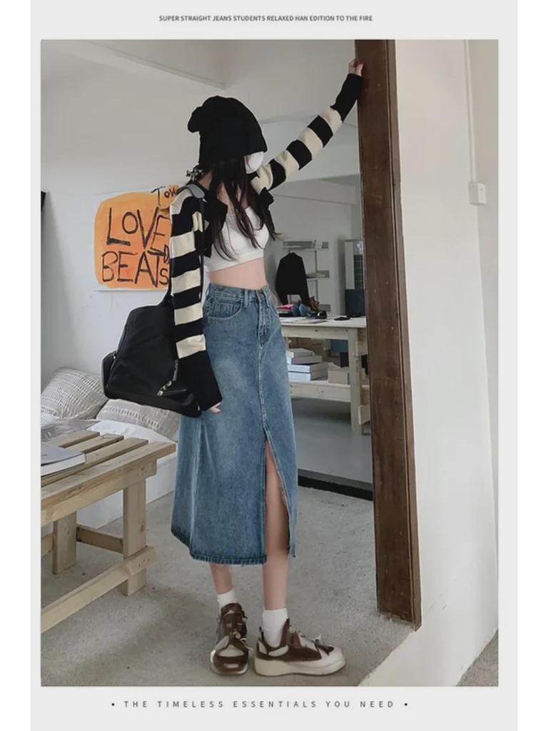 Women's High-Waist Retro A-Line Denim Midi Skirt with Front Slit for Pear-Shaped Figures