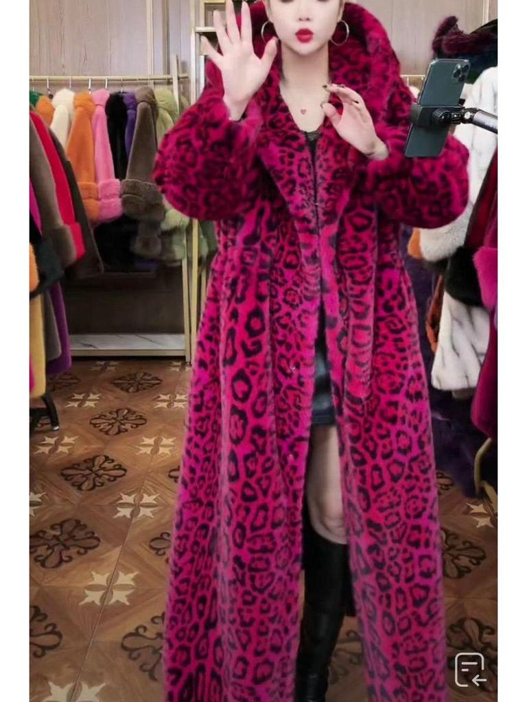 Extra Long Leopard Print Faux Fur Coat - Plus Size Women's Winter Cotton Coat