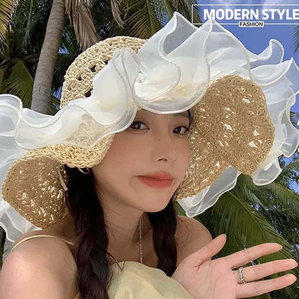 Breathable Straw Weaving Beach Hat Portable Big Brimmed Woven Cap Khaki Lace Pearls Sun Cap  Summer