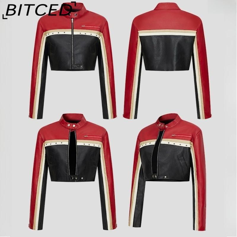 BITCED Color-Blocked PU Leather Waist-Exposing Cool-Chic Women's Jacket Biker Outfit