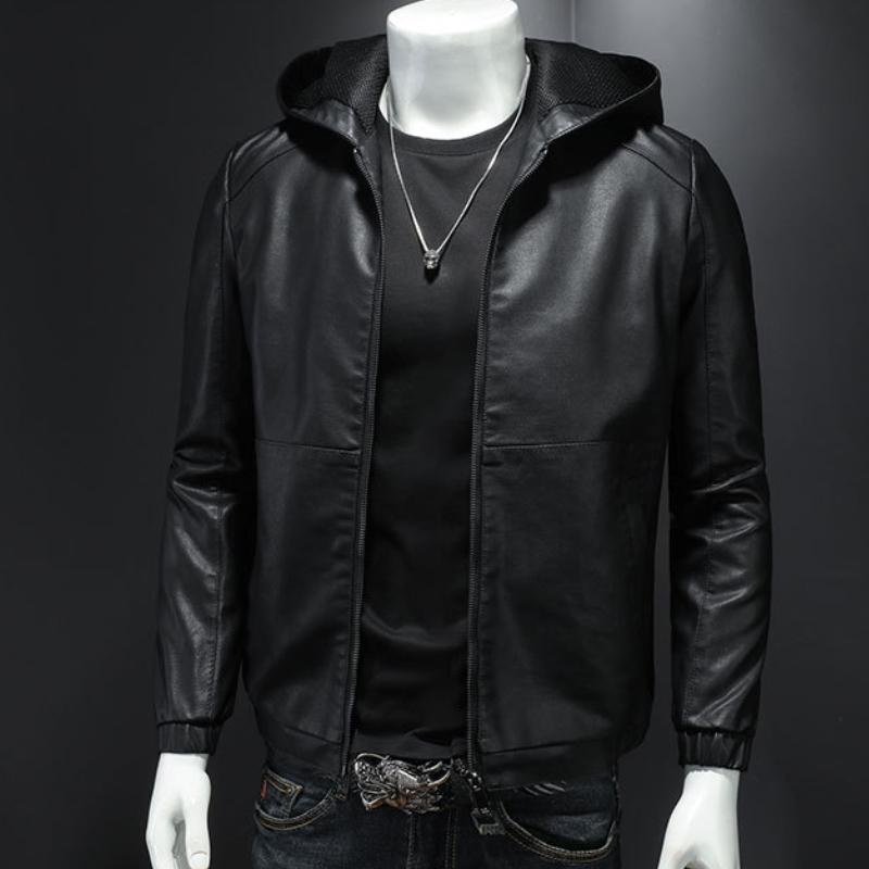 Giacca da Uomo Primavera Autunno Alta Qualità Ecopelle Giacca di Pelle con Cappuccio Moda Slim Fit Maschile