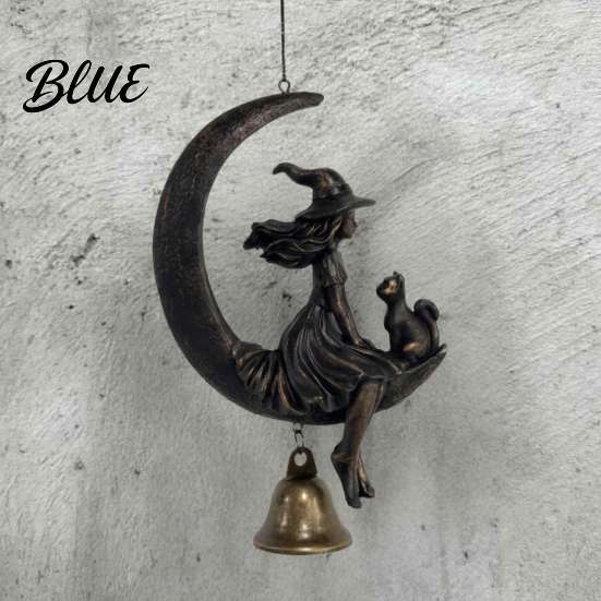 Chiming Metal Wall Hanging Halloween Witch And Black Cat Moon Wind Chime Vintage on Crescent Festive Haunted House Accessories Bell Gothic Ornament