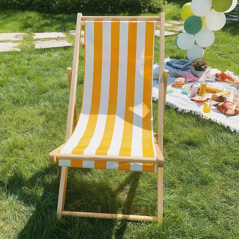 Outdoor Minimalist Beach Chair Modern Luxury Design Wooden Foldable Lounge Oxford Cloth Portable Comfortable Leisure Furniture