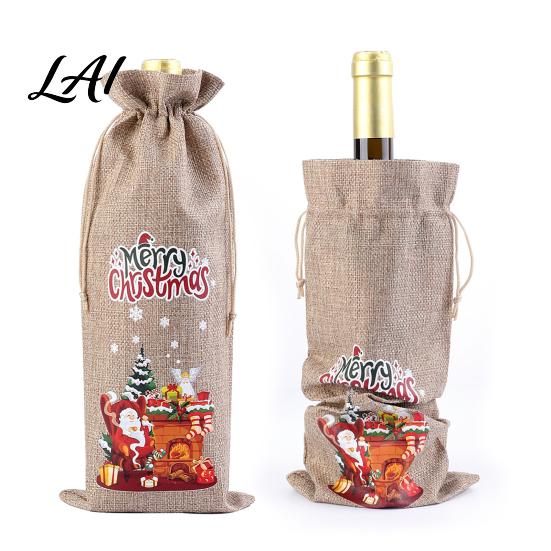 Imitation Linen Wine Pouches Christmas Bottle Bag Vintage Drawstring Sleeve Reusable Faux Holiday Party Packaging Cover Clothes for New Year Wedding