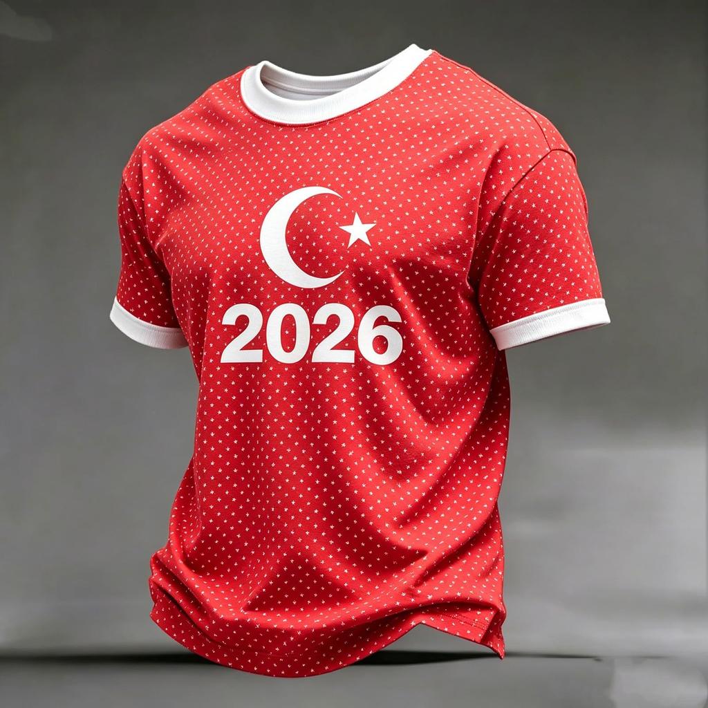 Men's Casual Crew Neck Short Sleeve Pullover T-Shirt Football Fan Top World Cup Inspired Graphic Print Turkey Design
