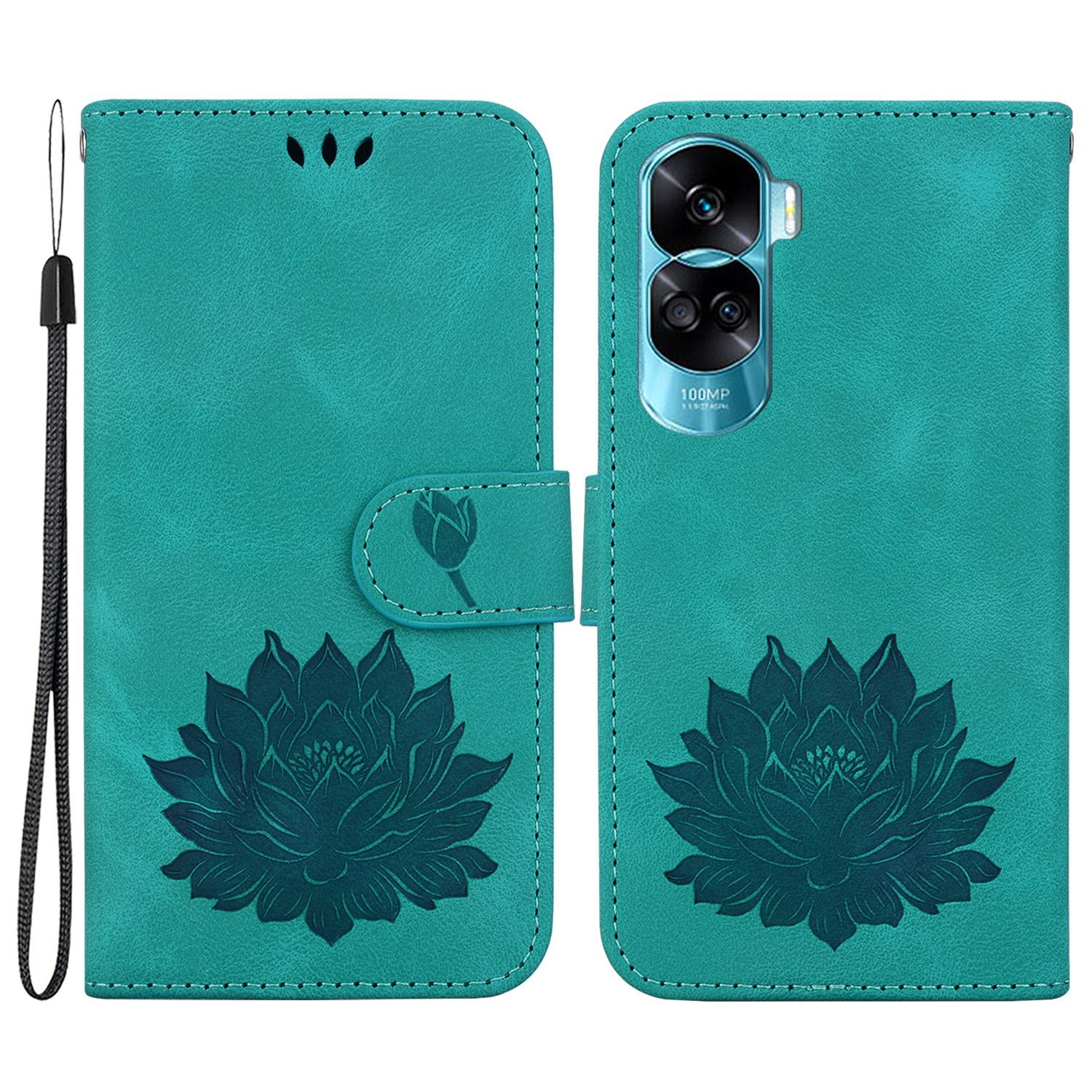 

For Honor 90 Lite 5G Case Lotus Pattern Wallet Stand Leather Phone Cover Green