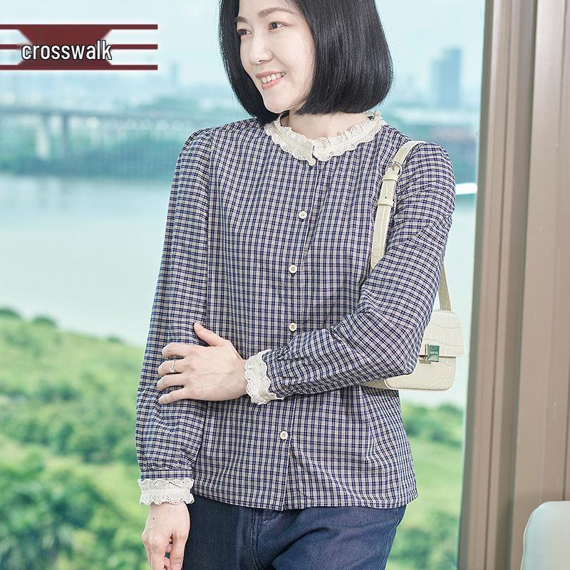 Women s Vintage Plaid Long Sleeve Cardigan with Lace Peter Pan Collar - Loose Fit, Pure Cotton Autumn Shirt 3XL